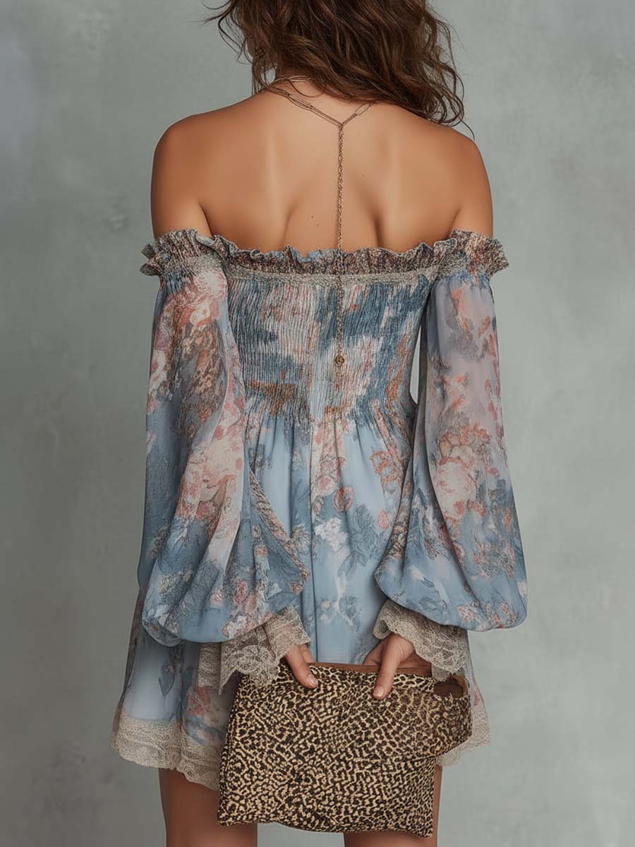 Robe | Mini Abito in Chiffon Arricciato con Spalle Scoperte e Fiori Romantici
