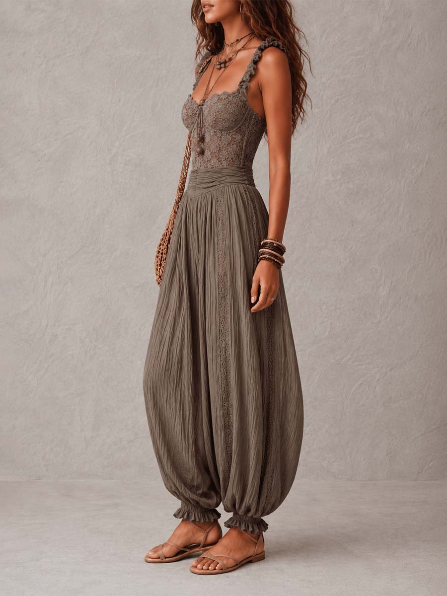 Maya | Lace Top & Pleated Cotton Harem Pants Set