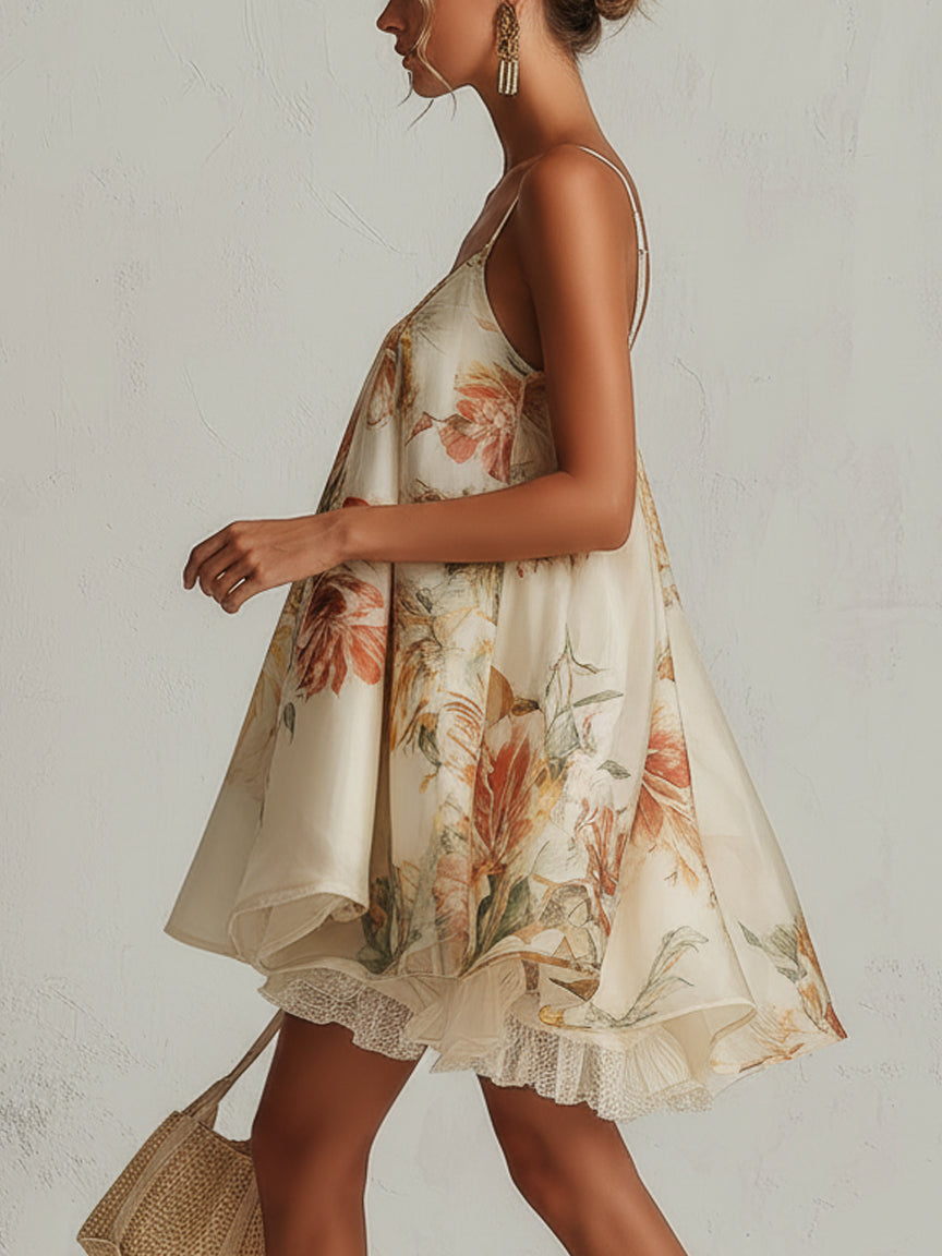 Blanche | Abito Mini A-Line in Organza Floreale Beige con Bordo in Pizzo