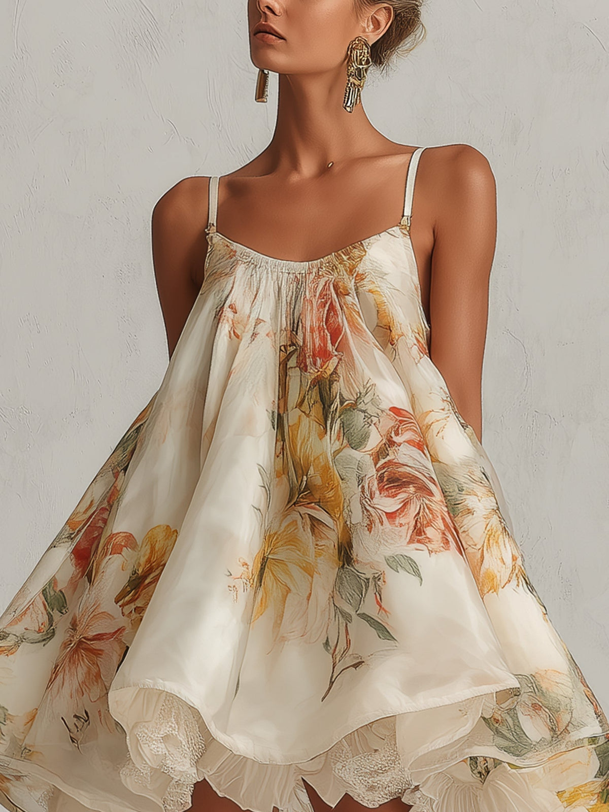 Béatrice | Mini Abito A-Line in Organza Fiori Beige, Bordo in Pizzo
