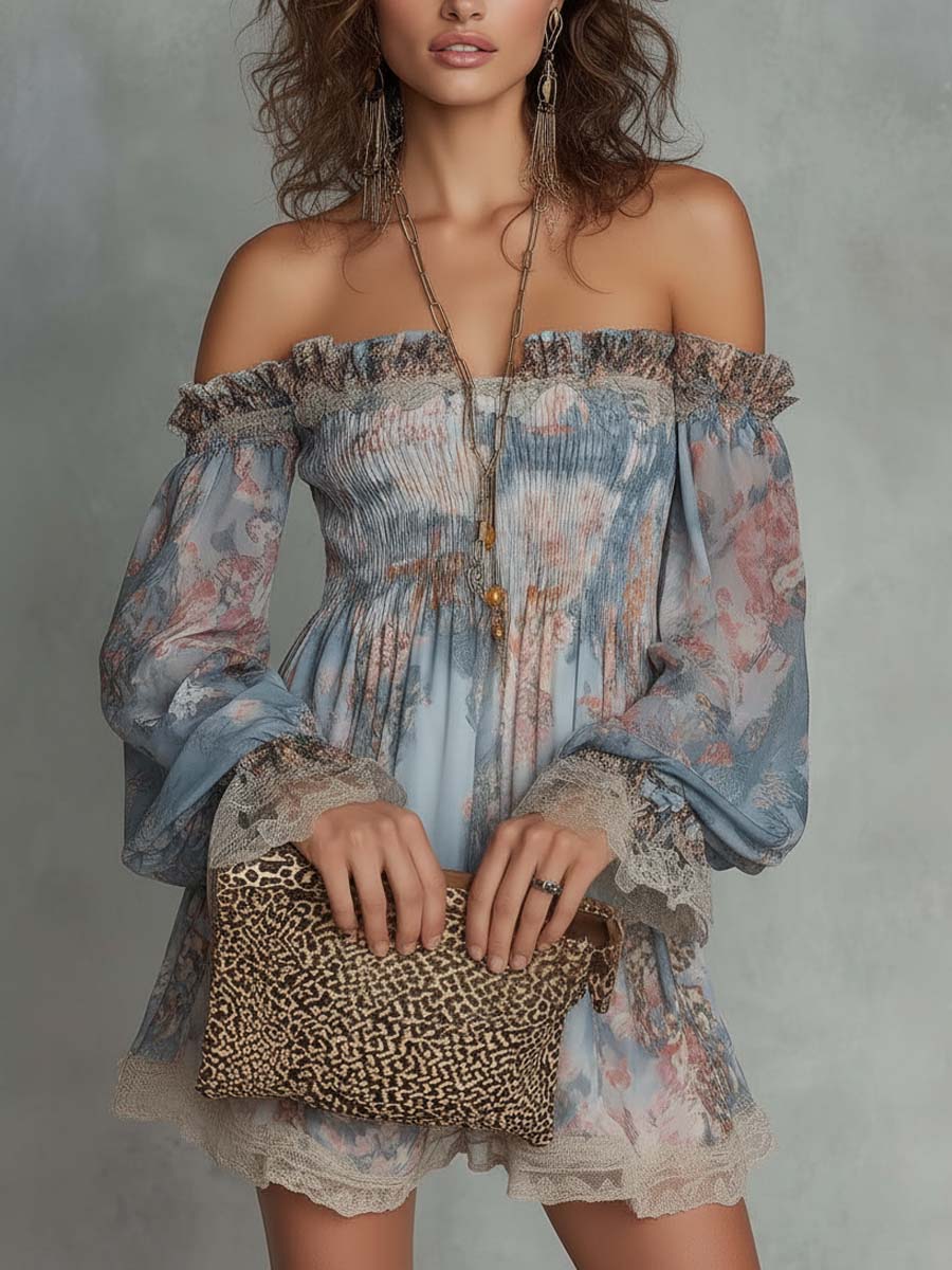 Robe | Mini Abito in Chiffon Arricciato con Spalle Scoperte e Fiori Romantici