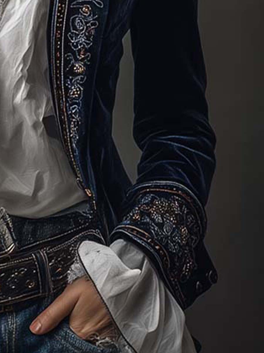 Giacca Lunga Ricamata Vintage da Donna in Blu Navy