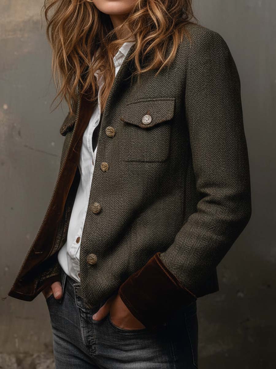 Blazer Vintage Femminile a Coste con Rifiniture a Contrasto