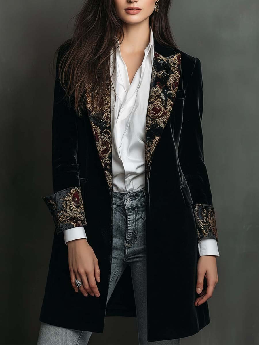 Blazer Slim Fit Nero con Stampa Barocca per Donna
