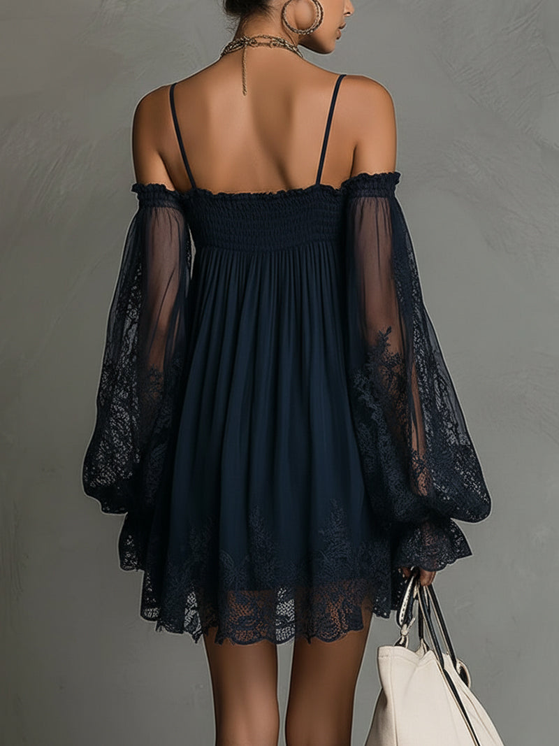 Noemi™ | Mini Abito in Chiffon di Pizzo Blu Navy