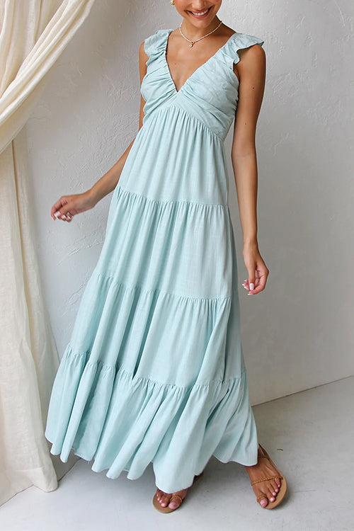 Abito Maxi in Lino Senza Maniche con Rouches e Scollatura a V Margovil