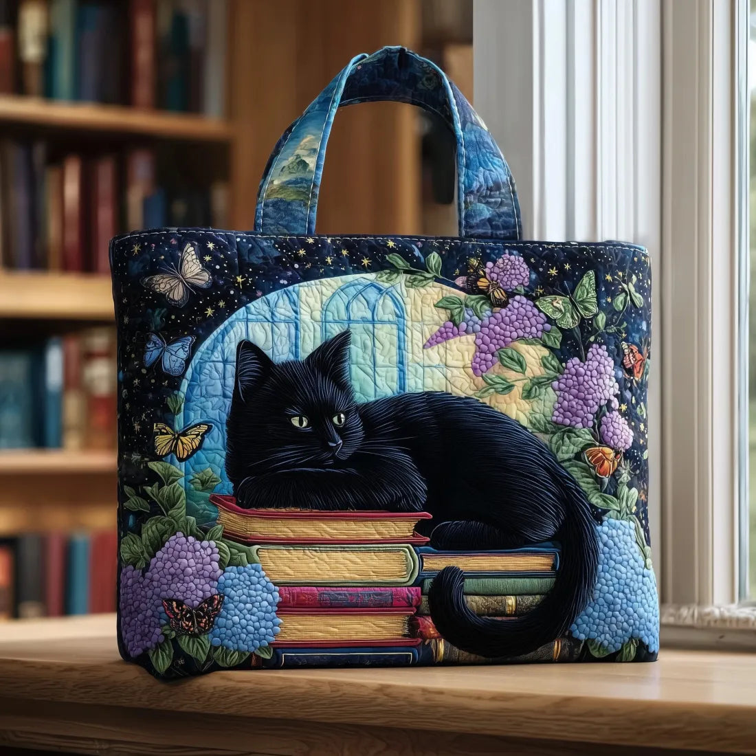 Borsa Artigianale - Tote Bag con Gatto Nero e Libro