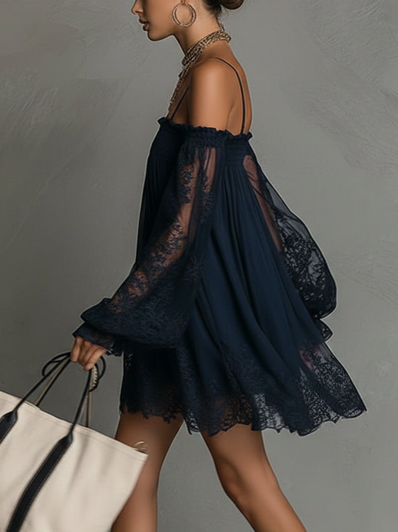 Noemi™ | Mini Abito in Chiffon di Pizzo Blu Navy