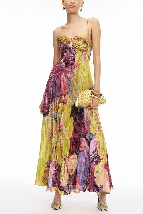 Abito Maxi Plissettato con Stampa Floreale e Spalline Sottile