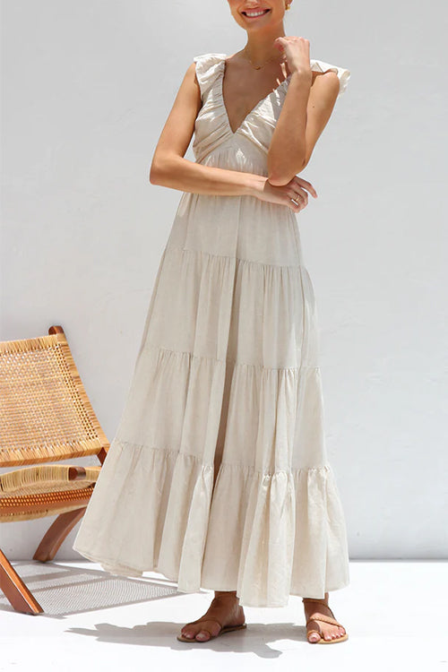 Abito Maxi in Lino Senza Maniche con Rouches e Scollatura a V Margovil