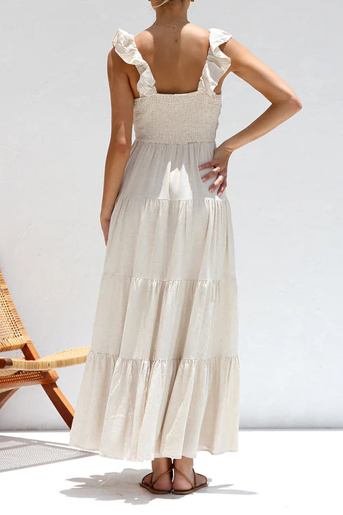 Abito Maxi in Lino Senza Maniche con Rouches e Scollatura a V Margovil