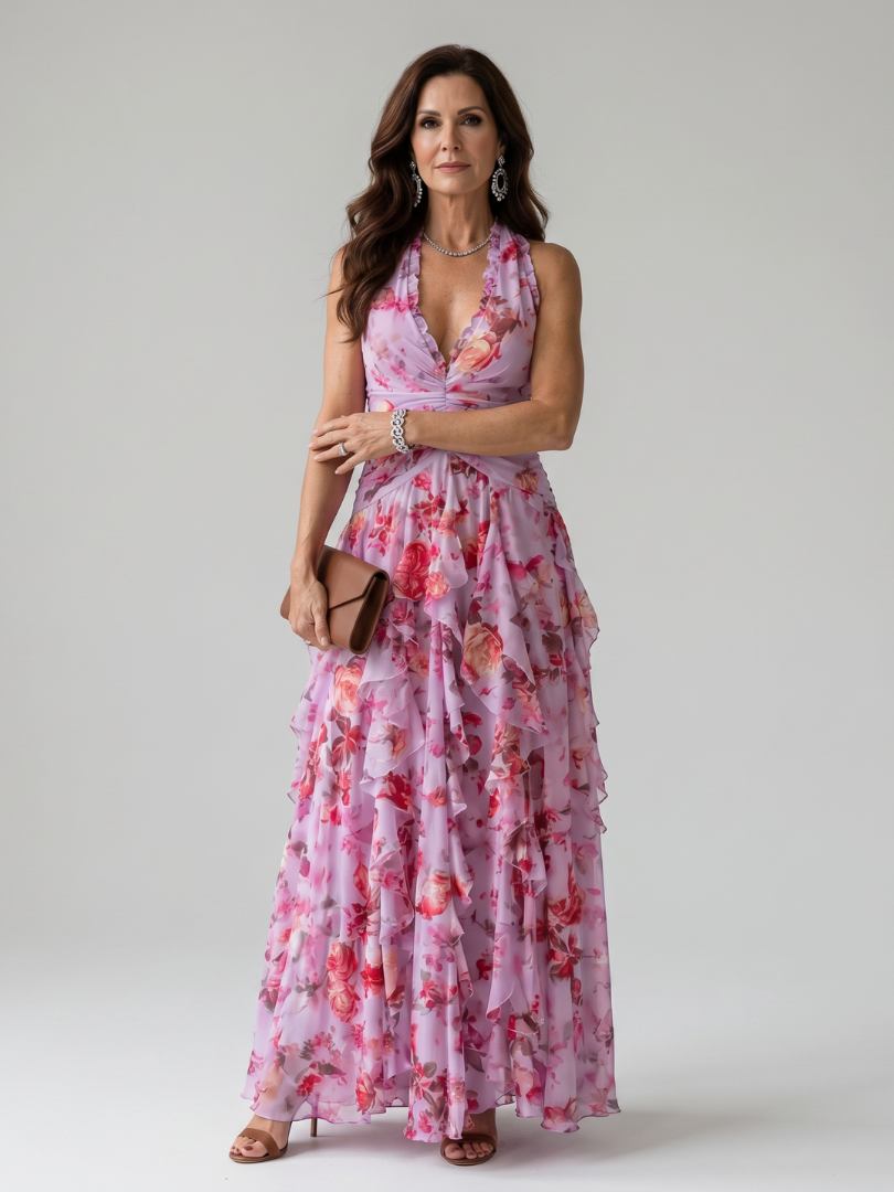 Nori | Abito Maxi Floreale con Scollo All'Americana e Corpino Arricciato