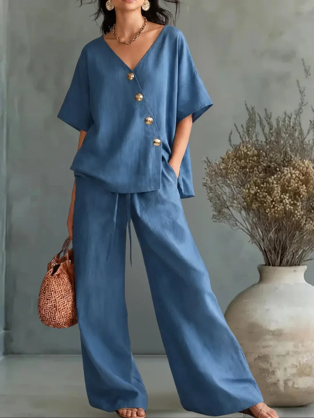 Maya | Two-Piece V-Neck Blouse & High-Waist Palazzo Set