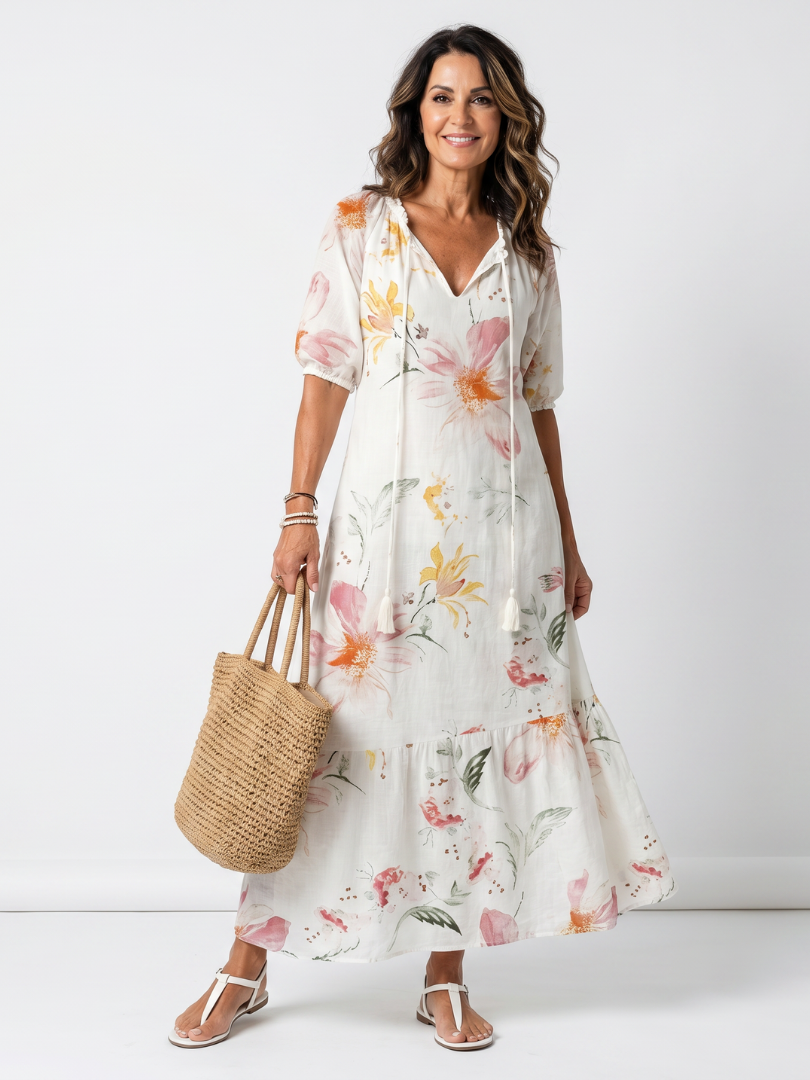 Noa | Abito Midi a Balze con Stampa Floreale Soffice