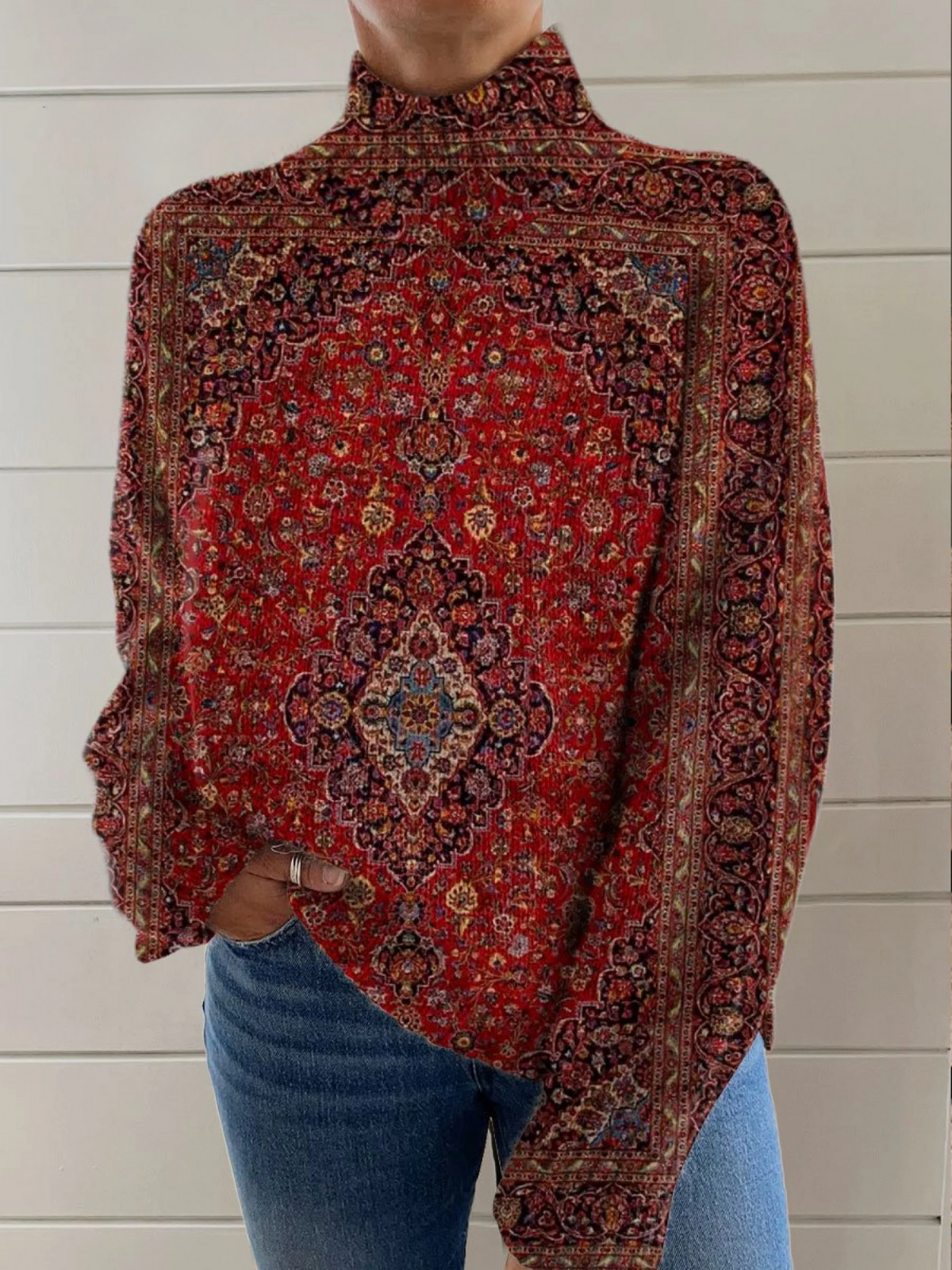 Grace | Pullover a Collo Alto con Stampa Vintage Ornata