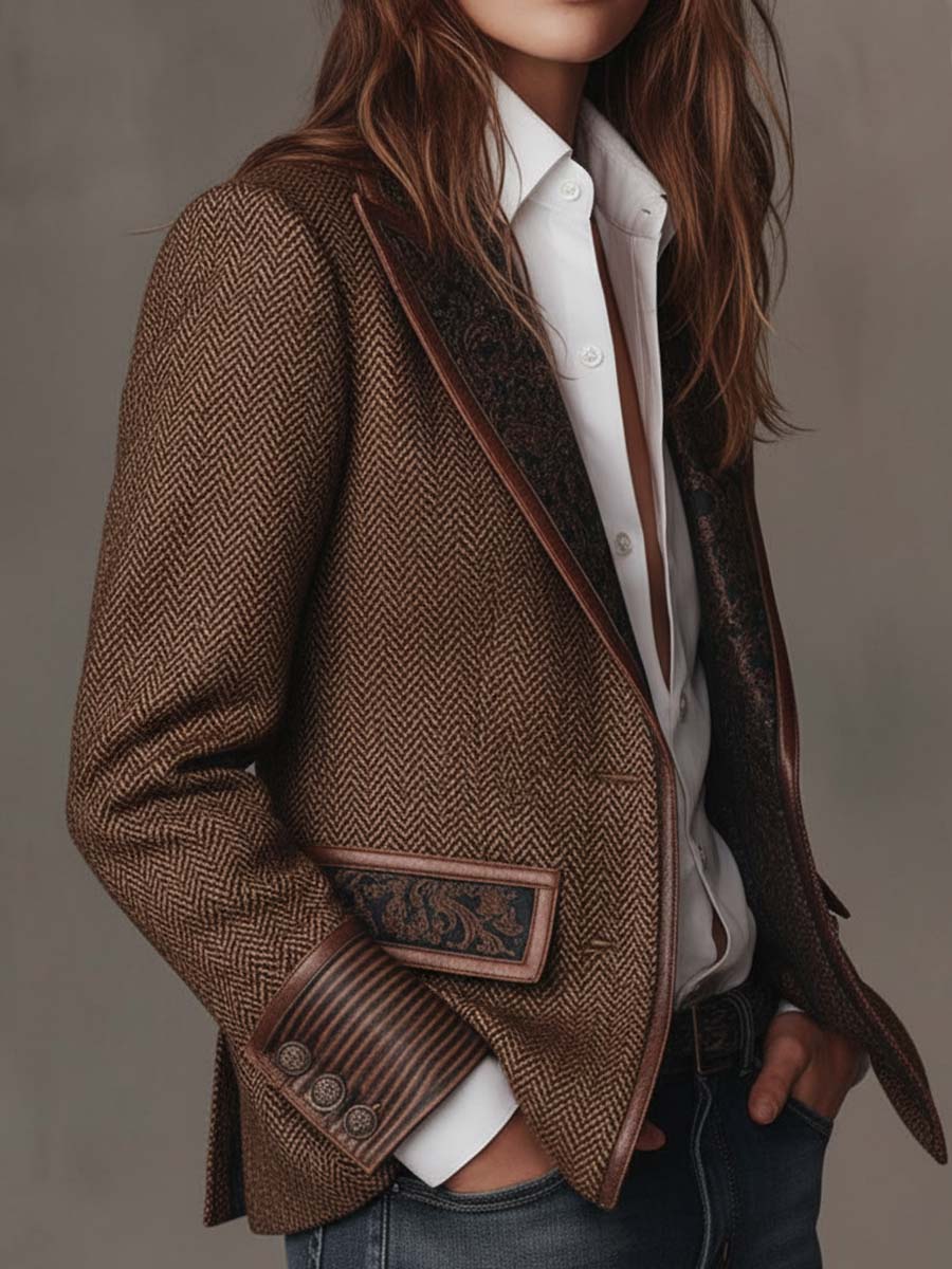 Blazer Donna con Pannello Stampato a Spina di Pesce