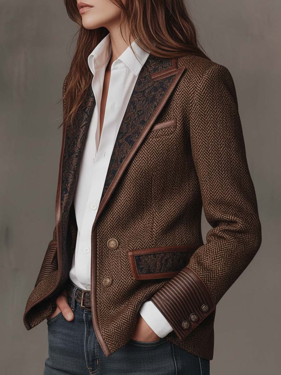 Blazer Donna con Pannello Stampato a Spina di Pesce