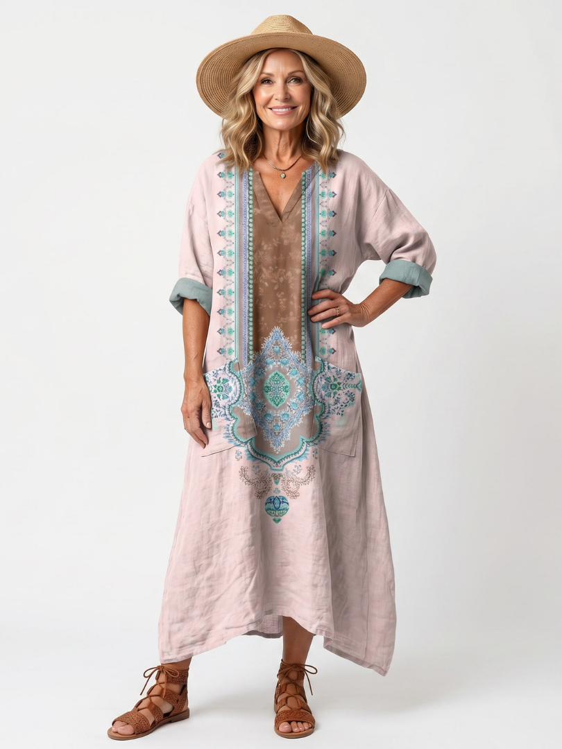 Kenza | Abito Midi Relaxed con Pannelli Ricamati e Tasche