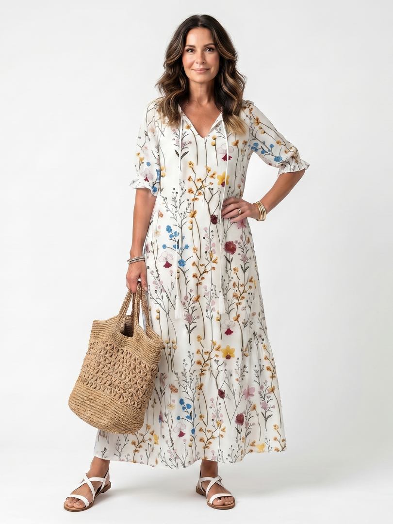 Sylvie | Vestito Midi con Stampa Botanica e Nastro a Frange