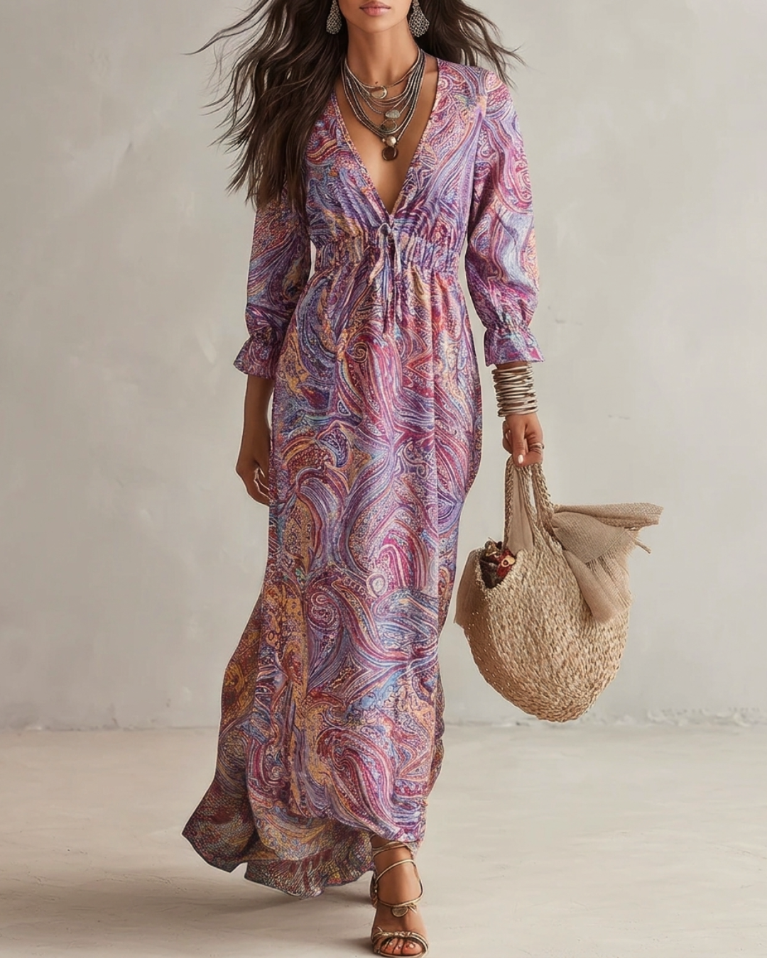 Abito Maxi in Chiffon con Stampa Paisley e Scollo a V
