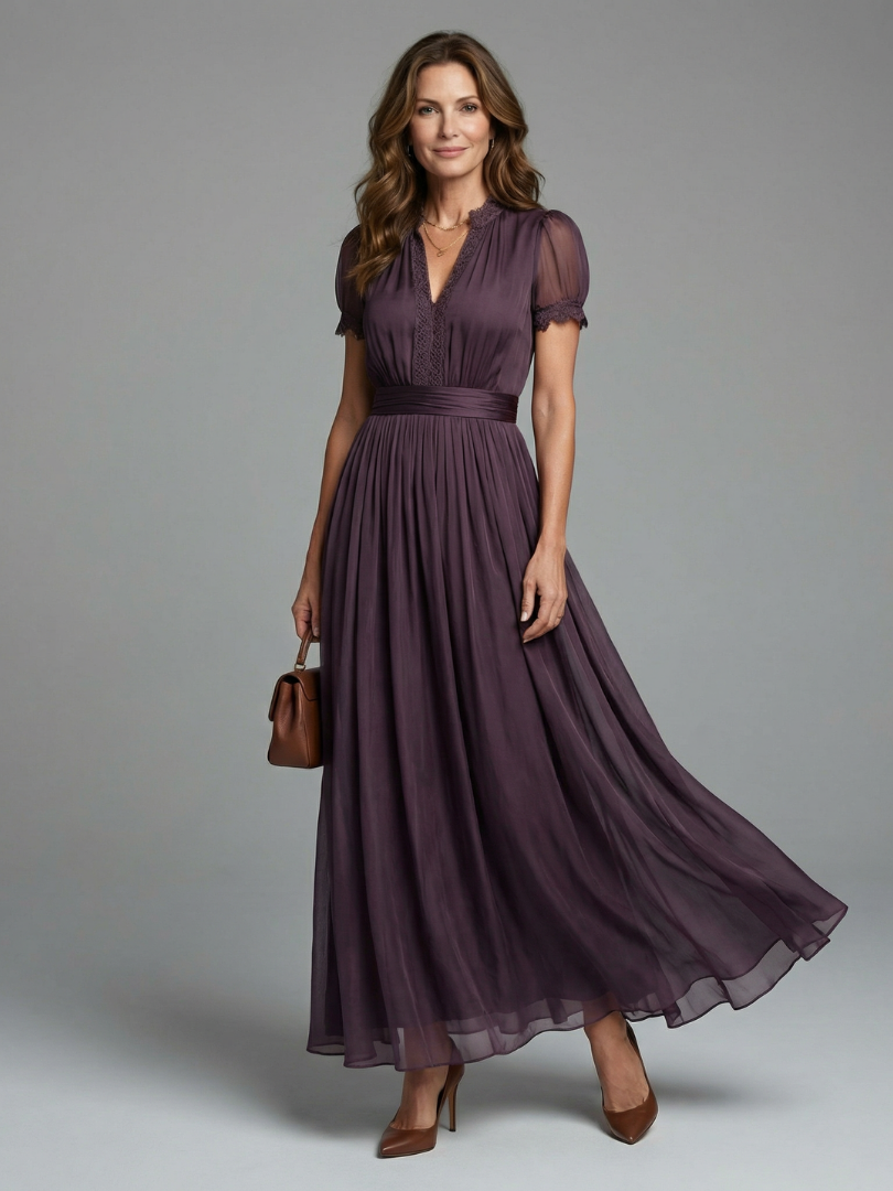Elia | Abito Maxi con Vita Arricciata e Scollatura a Chiave