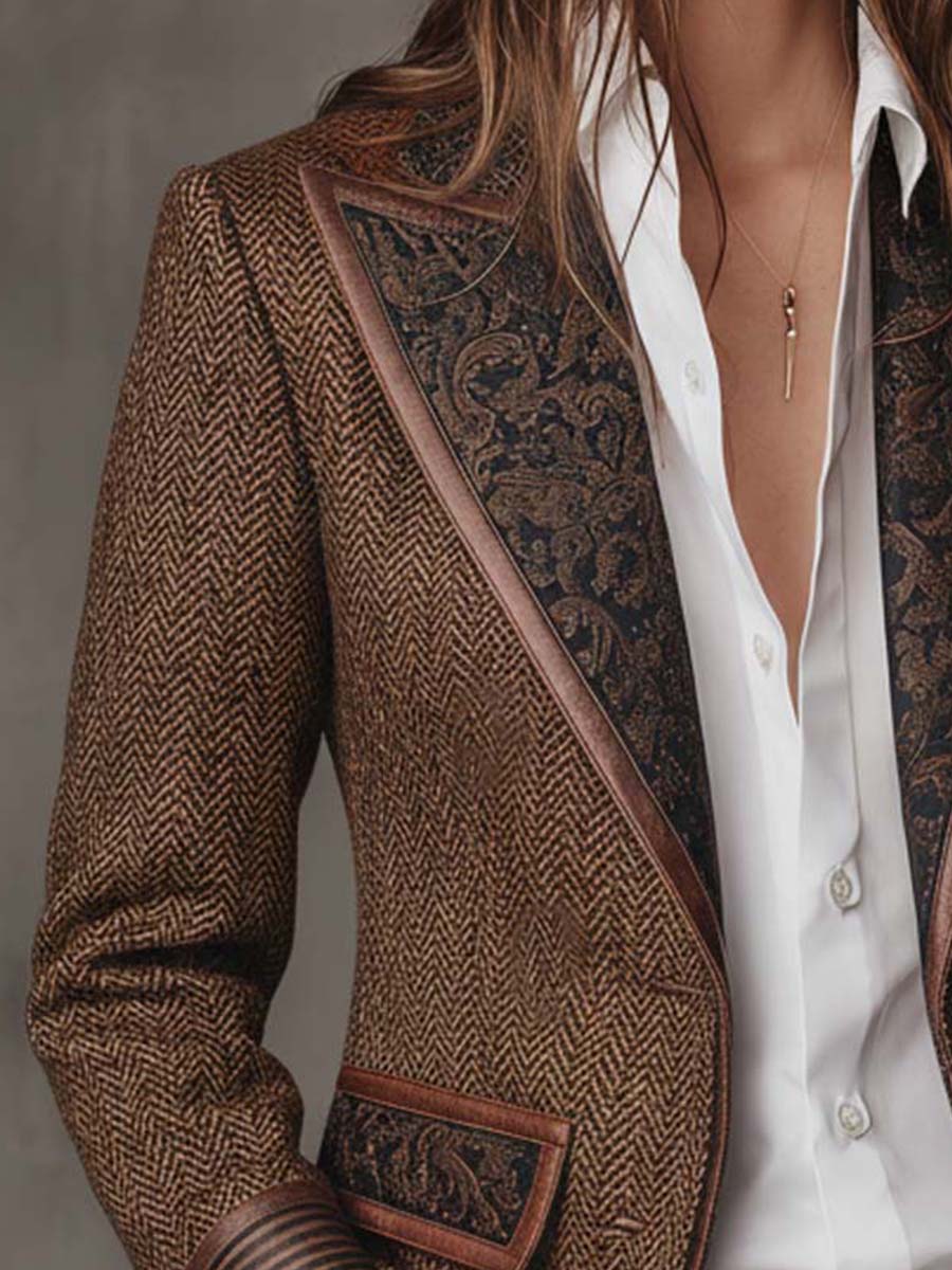 Blazer Donna con Pannello Stampato a Spina di Pesce