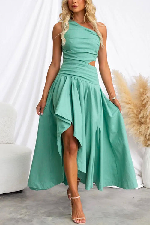 Abito Maxi Swing con Spalla Scoperta e Orlo Alto-Basso