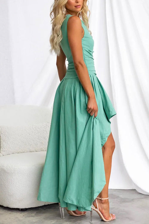Abito Maxi Swing con Spalla Scoperta e Orlo Alto-Basso