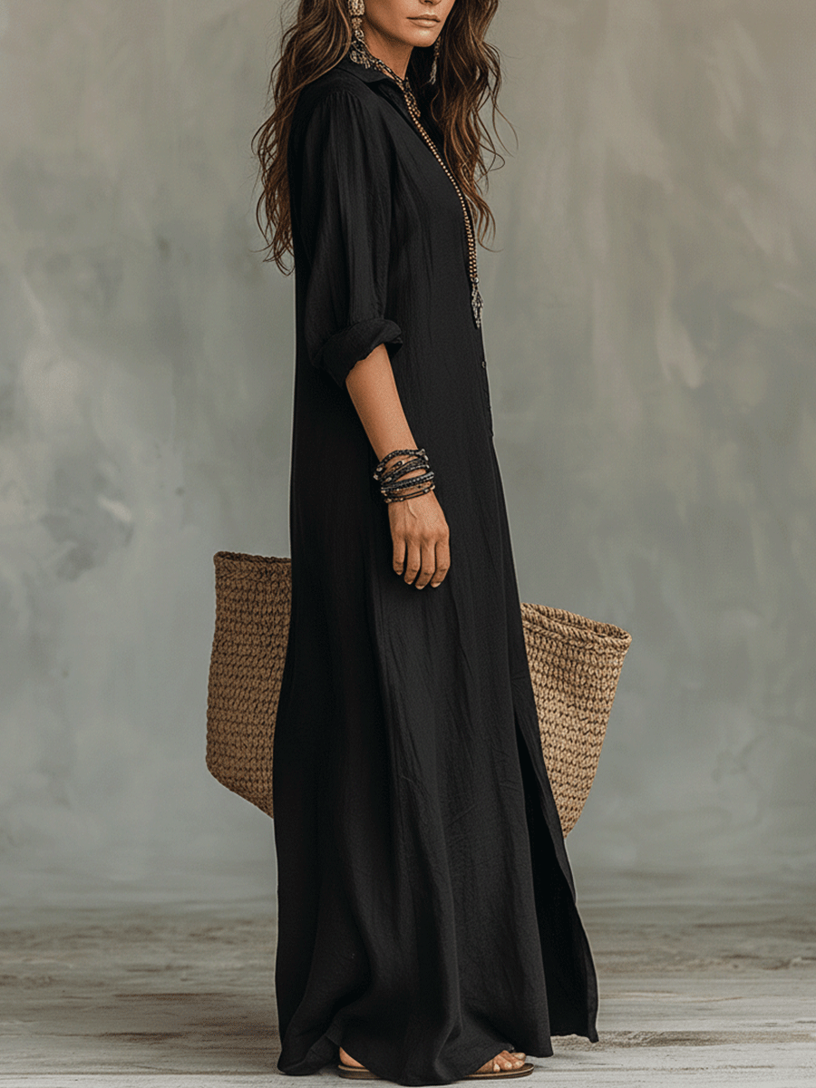 Abito Maxi in Stile Bohemien con Bottoni Neri