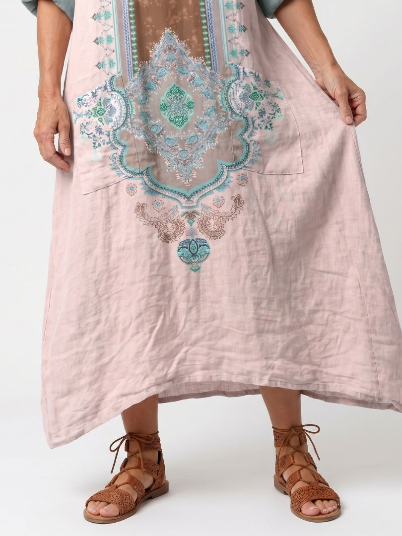 Kenza | Abito Midi Relaxed con Pannelli Ricamati e Tasche