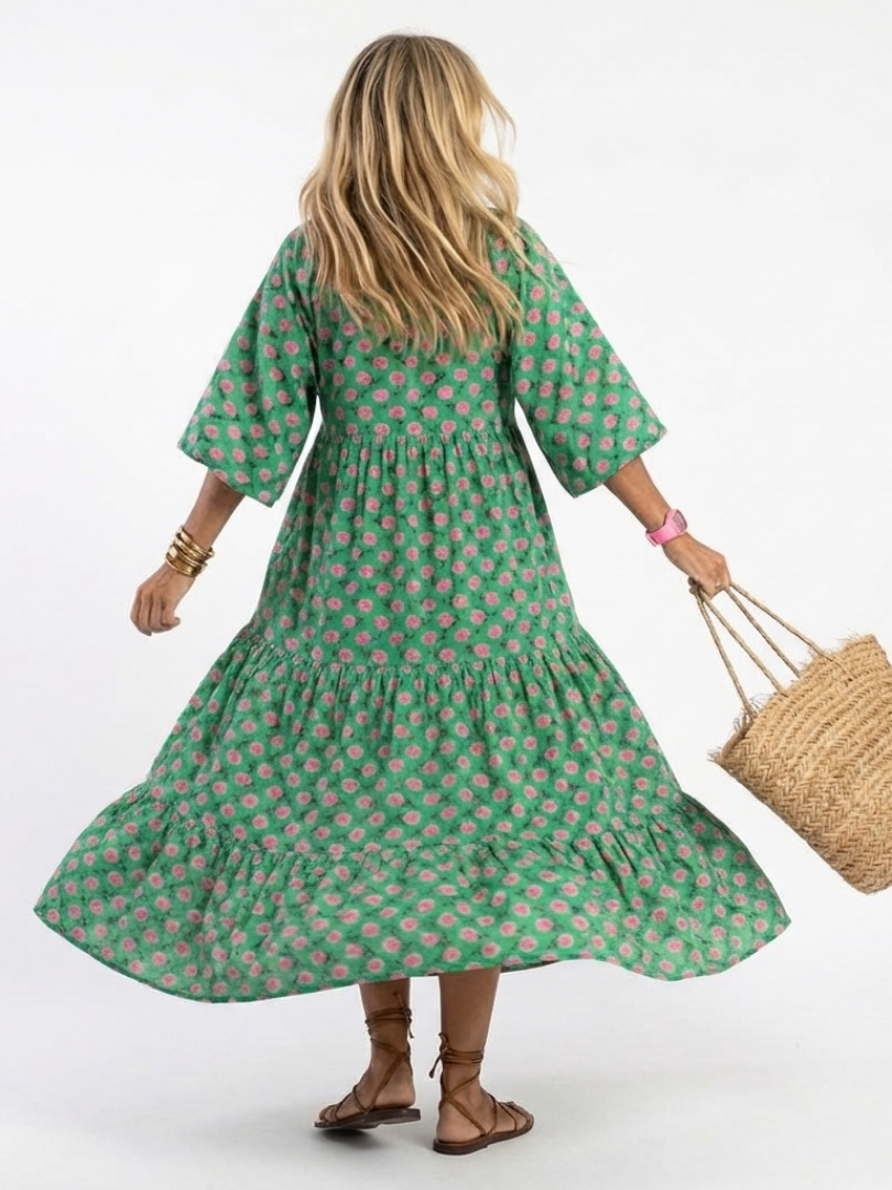 Fiora | Vestito midi a balze con stampa floreale e scollatura a V