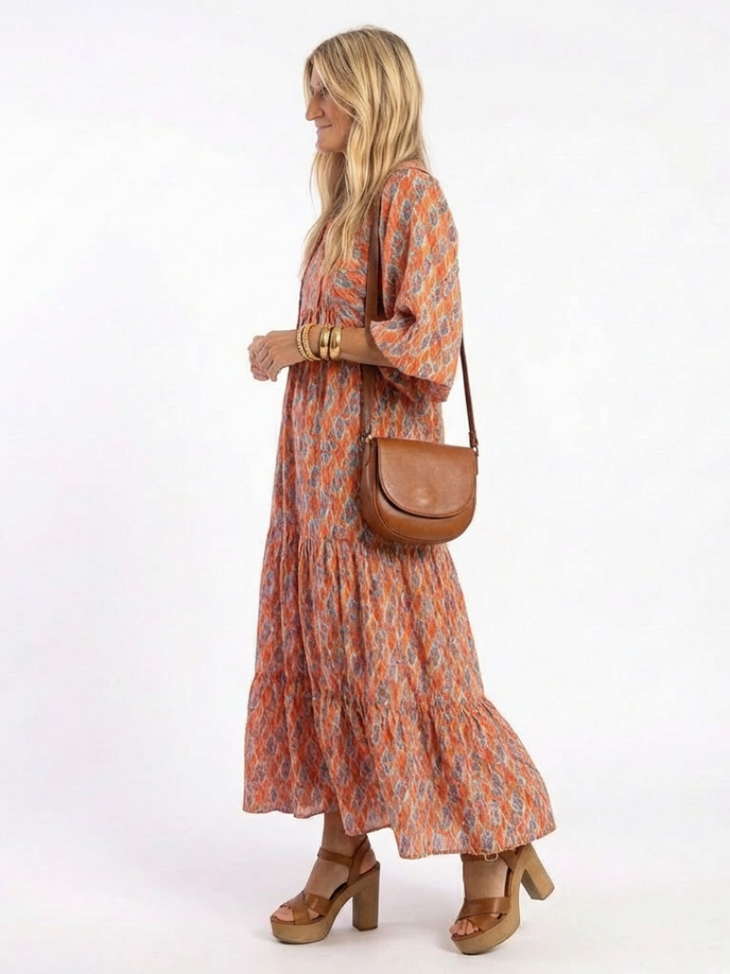 Amara | Vestito Midi a V Collo con Stampa Geometrica