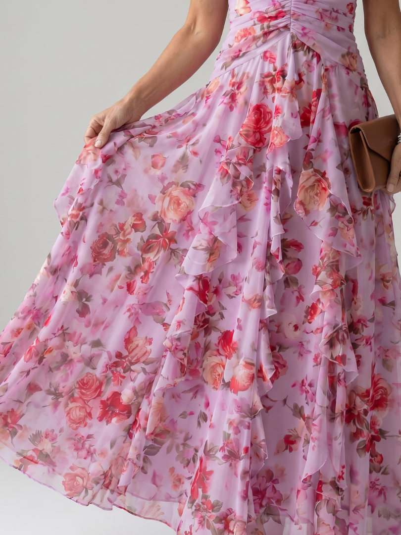 Nori | Abito Maxi Floreale con Scollo All'Americana e Corpino Arricciato