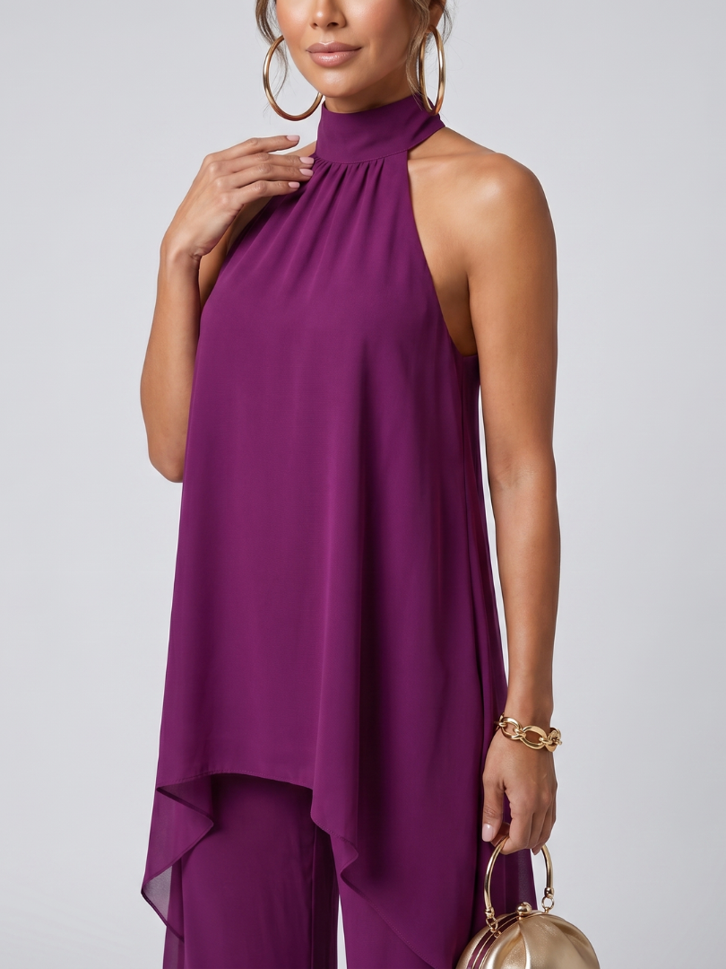 Zareen | Top Tunica Asimmetrica con Pantaloni a Gamba Larga
