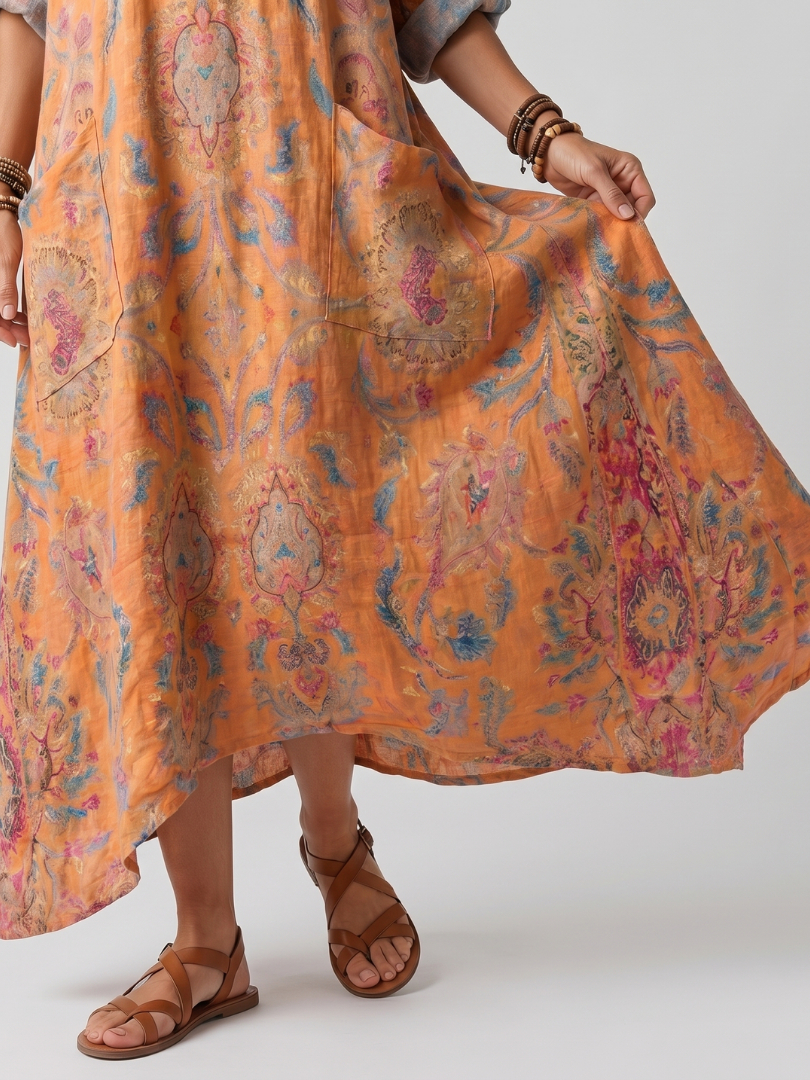 Remi | Abito Midi Oversized con Stampa e Tasche a Collo Notch
