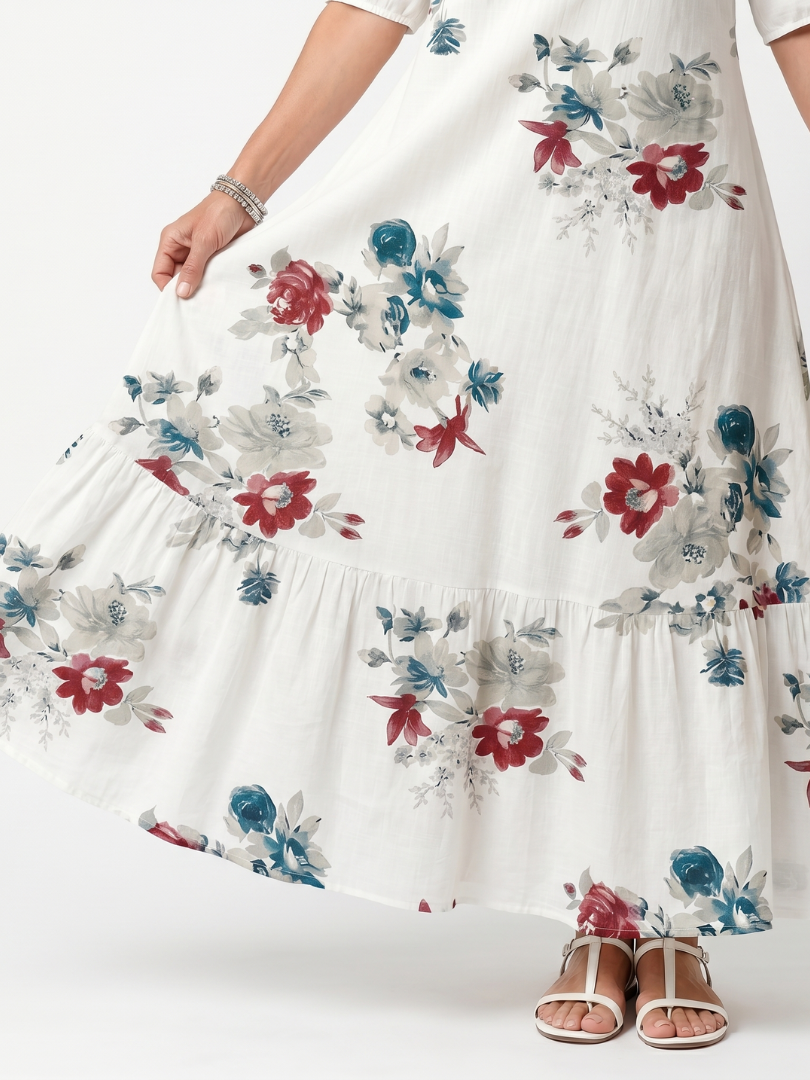 Maeva | Abito Midi con Stampa Floreale Sparsa e Nastrini