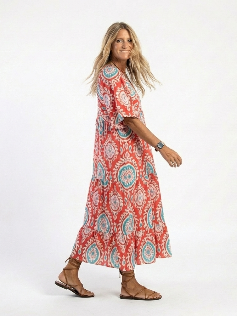 Zaria | Abito midi a maniche corte con scollo a V e stampa paisley