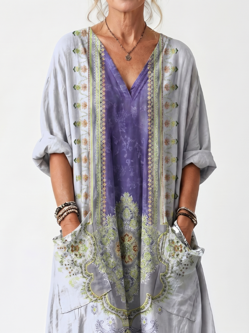 Raina | Abito midi oversized con pannello a contrasto e ricami