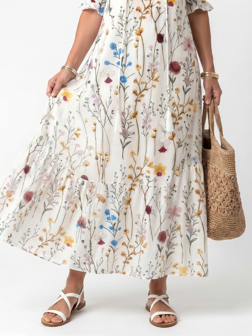 Sylvie | Vestito Midi con Stampa Botanica e Nastro a Frange
