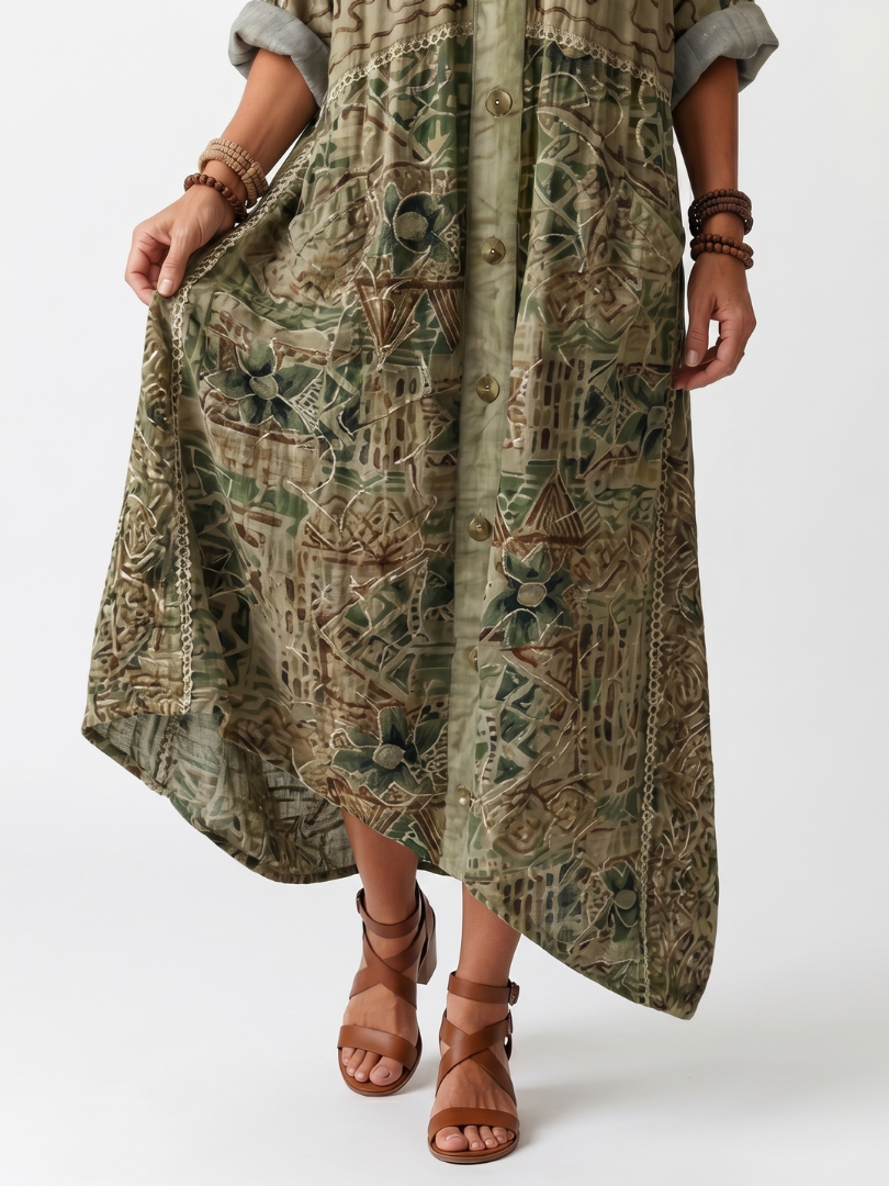 Aleta | Abito Midi Oversized con Bottoni e Ricamo