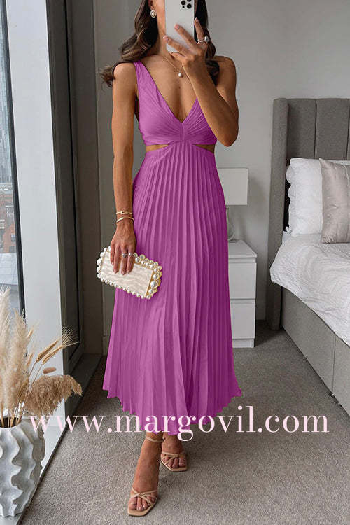 7 Colori Abito Maxi Senza Maniche Plissettato con Scollo a V e Vita Scoperta
