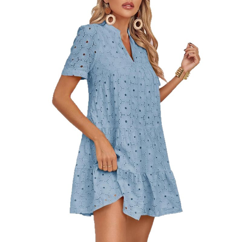 Abito A-Line V-Neck in Pizzo di Colore Solido di Alta QualitĂ