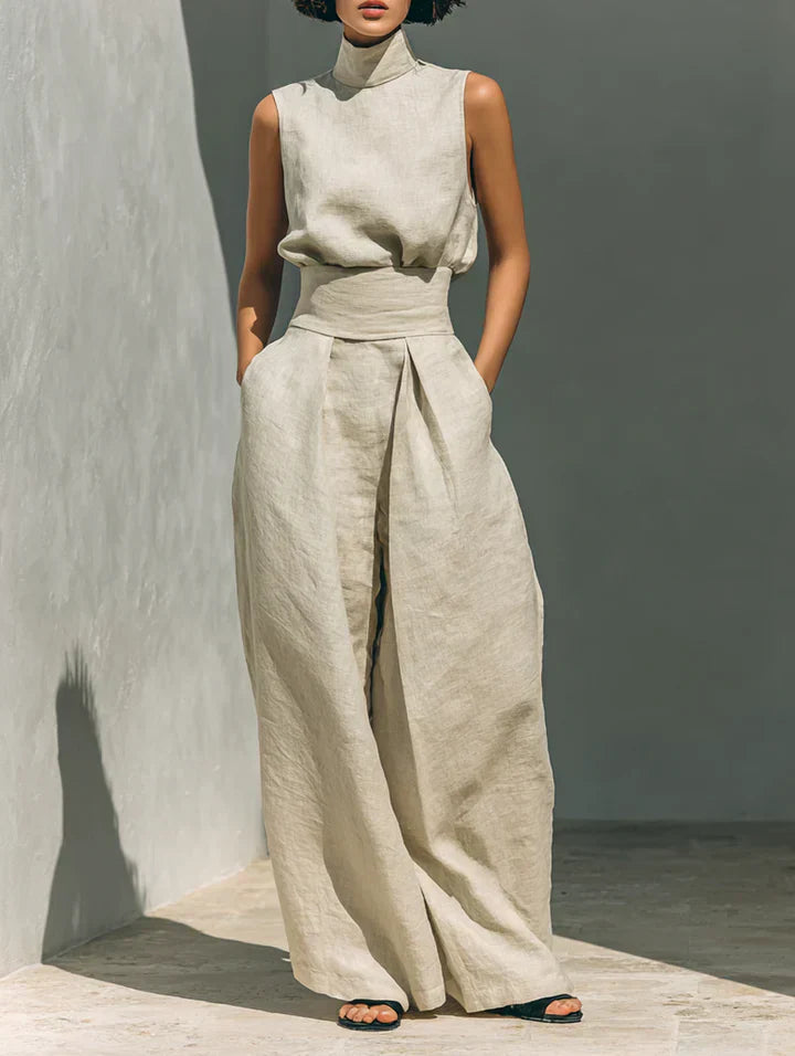 Florâ„¢ | Completo minimalista di canotta e pantaloni a gamba larga in cotone e lino per donna