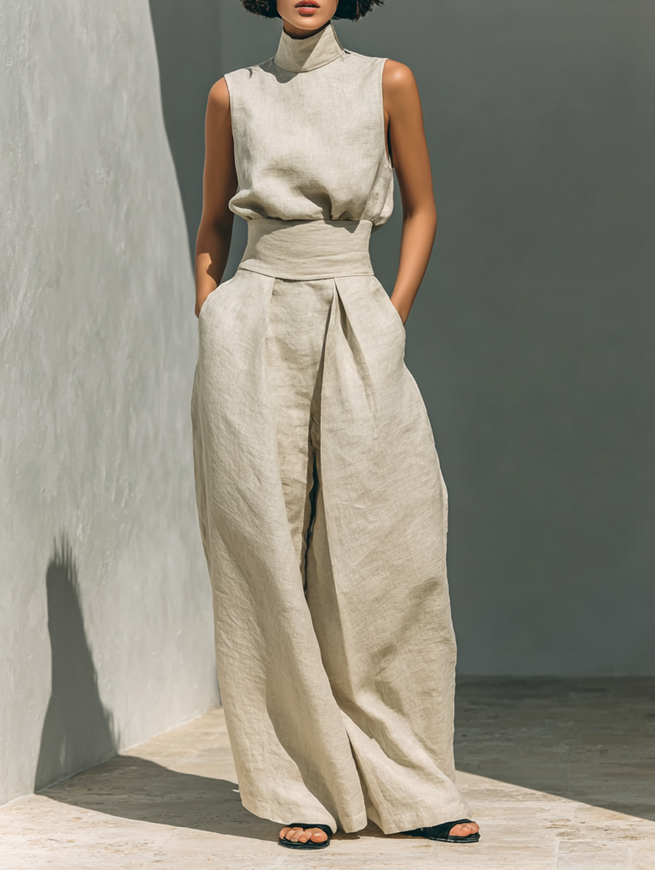 Mariaâ„¢ | Set completo con top a canotta e pantaloni larghi in cotone e lino