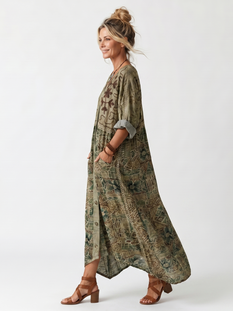 Aleta | Abito Midi Oversized con Bottoni e Ricamo