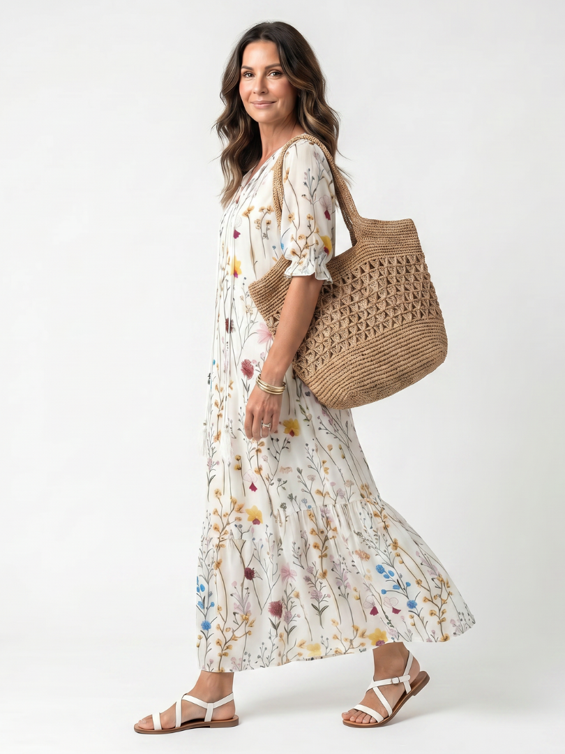 Sylvie | Vestito Midi con Stampa Botanica e Nastro a Frange