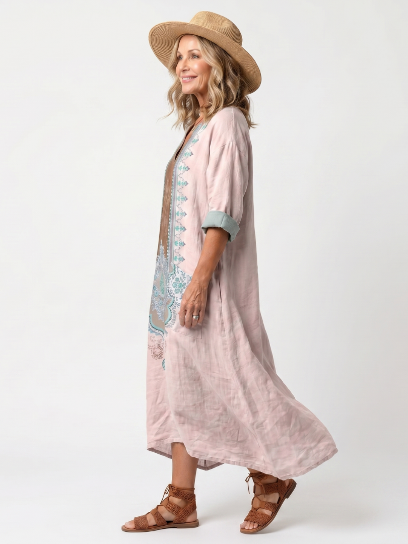 Kenza | Abito Midi Relaxed con Pannelli Ricamati e Tasche