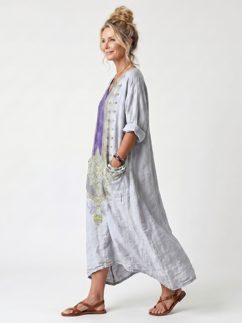 Raina | Abito midi oversized con pannello a contrasto e ricami