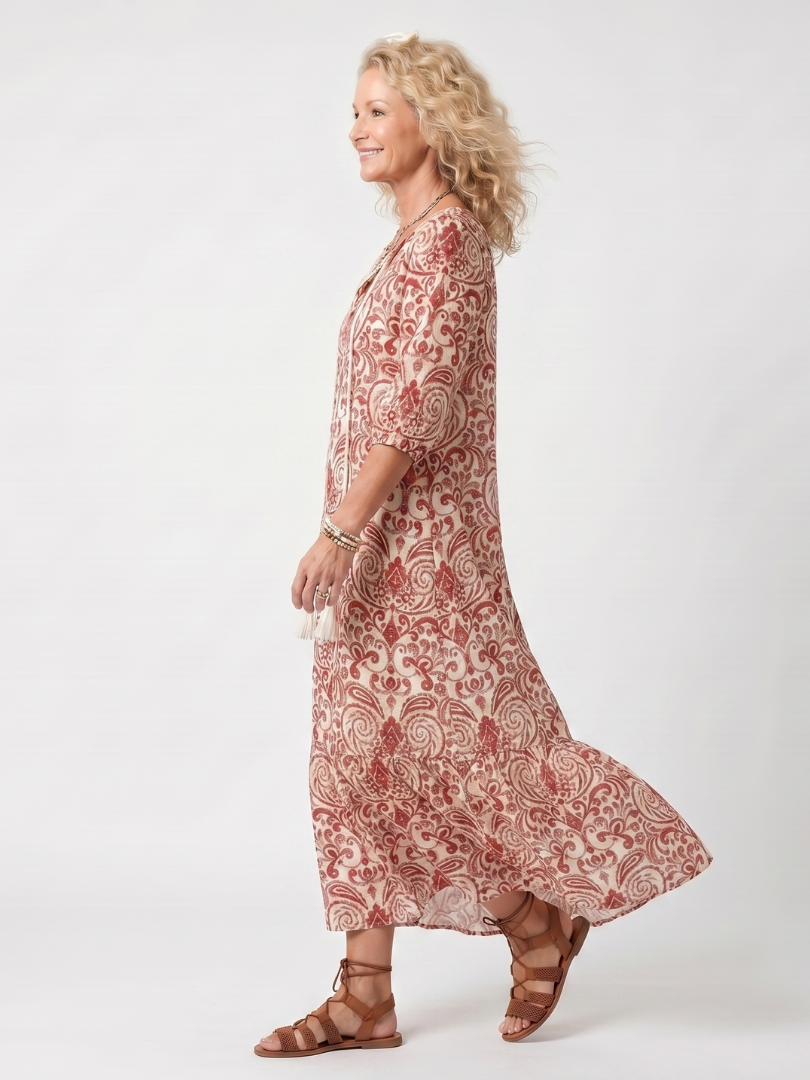 Noelle | Abito Midi con Stampa Ornata e Nastrini a Frangia