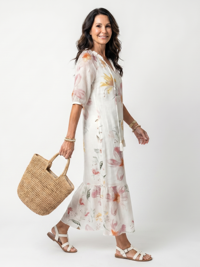 Noa | Abito Midi a Balze con Stampa Floreale Soffice